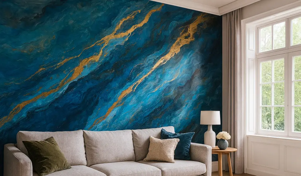 Pared de estuco veneciano azul con vetas doradas en un salón moderno y luminoso, con sofá claro y decoración elegante.